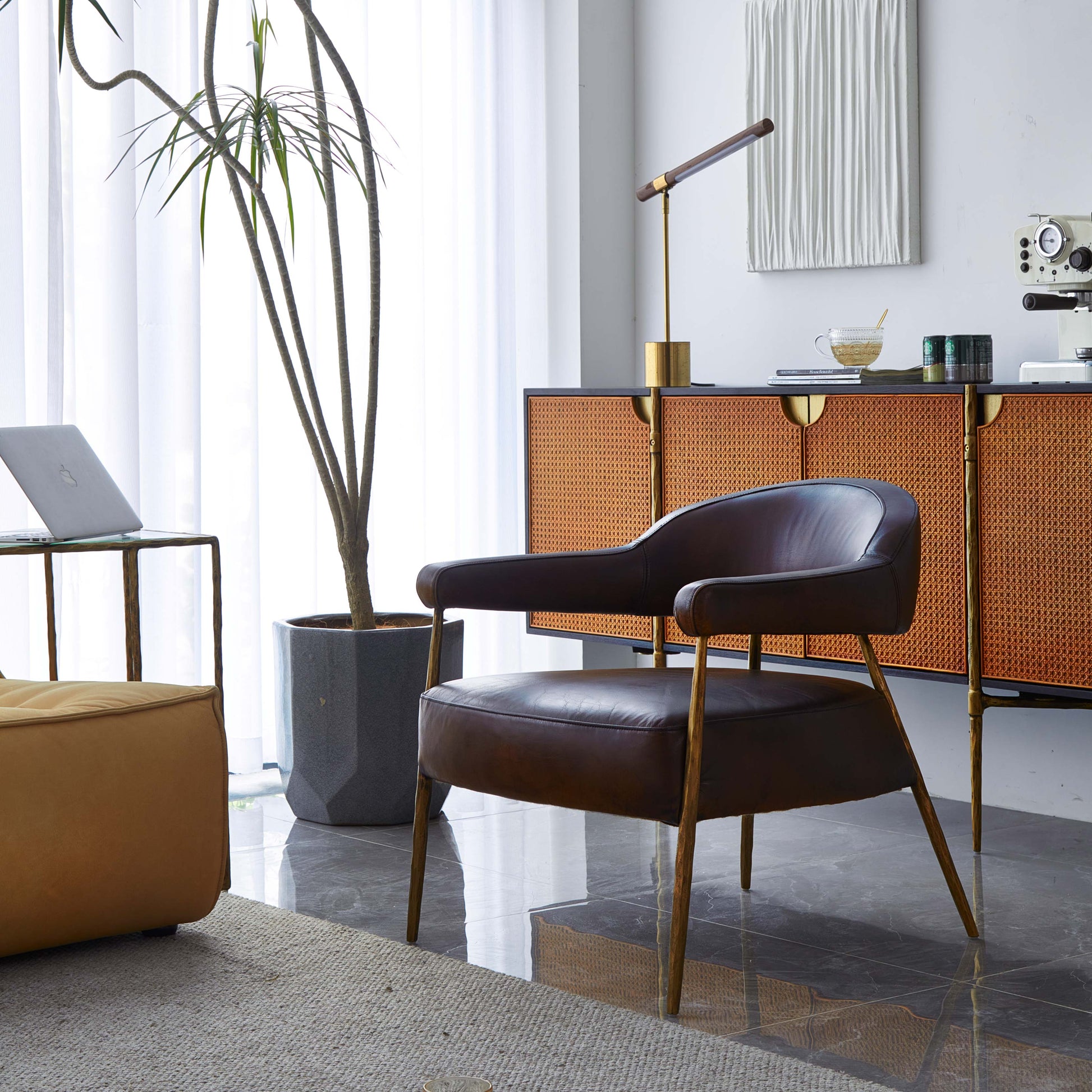 Thaddeus Brown Leather Lounge Armchair - thebelacan
