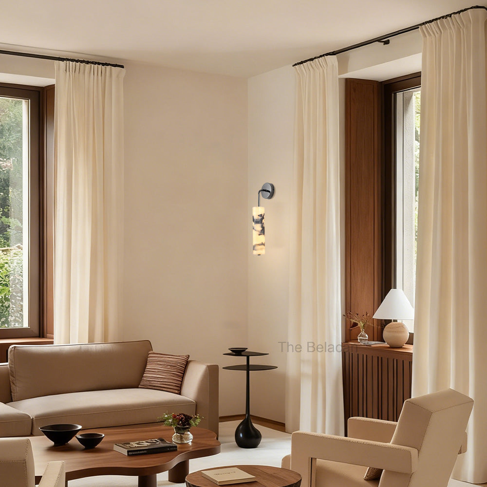 MarbleGlow Curved-Arm Cylinder Marble Wall Sconce - thebelacan