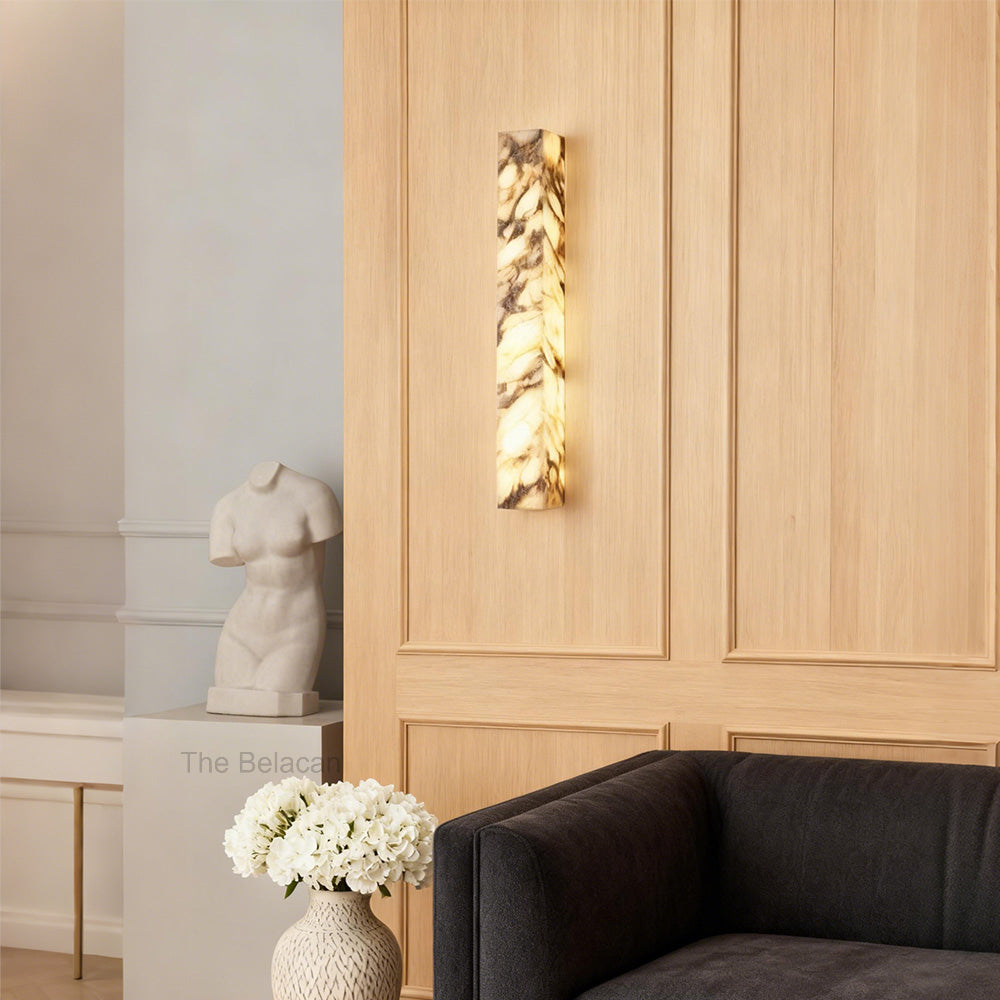MarbleGlow Herringbone-Marble Vertical Wall Sconce - thebelacan