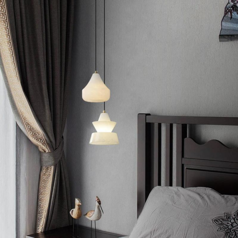 Alabaster Hat Pendant Light Over Nightstand - thebelacan