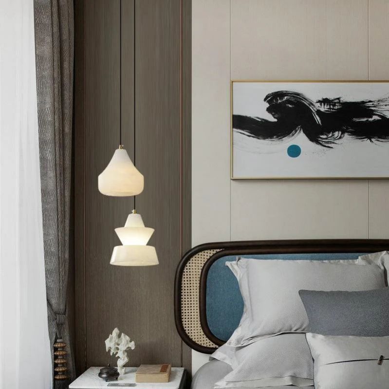 Alabaster Hat Pendant Light Over Nightstand - thebelacan